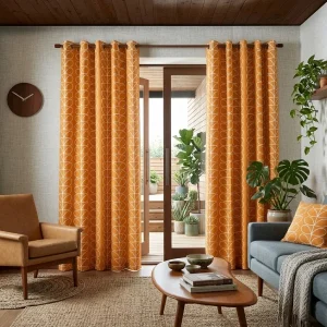 Orange Leaf Print Eyelet Living Room Curtain